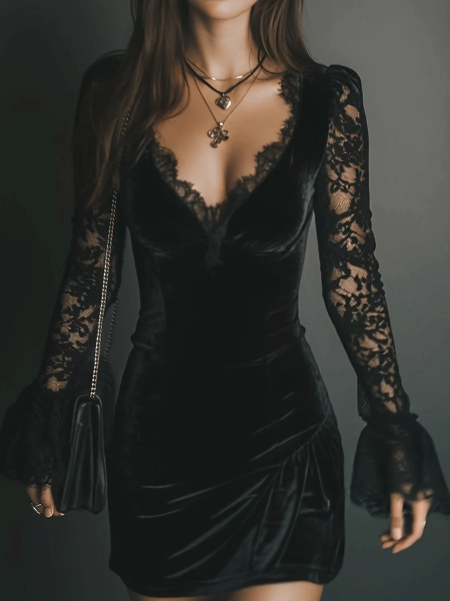 Morgan & Brooke | Lace-Trim Mini Velvet Dress