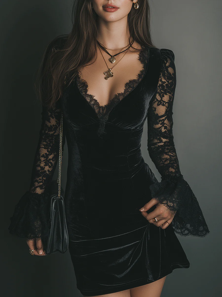 Morgan & Brooke | Lace-Trim Mini Velvet Dress