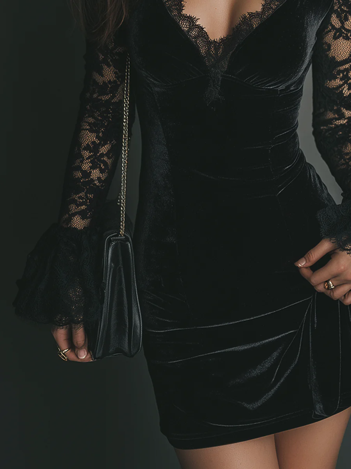 Morgan & Brooke | Lace-Trim Mini Velvet Dress