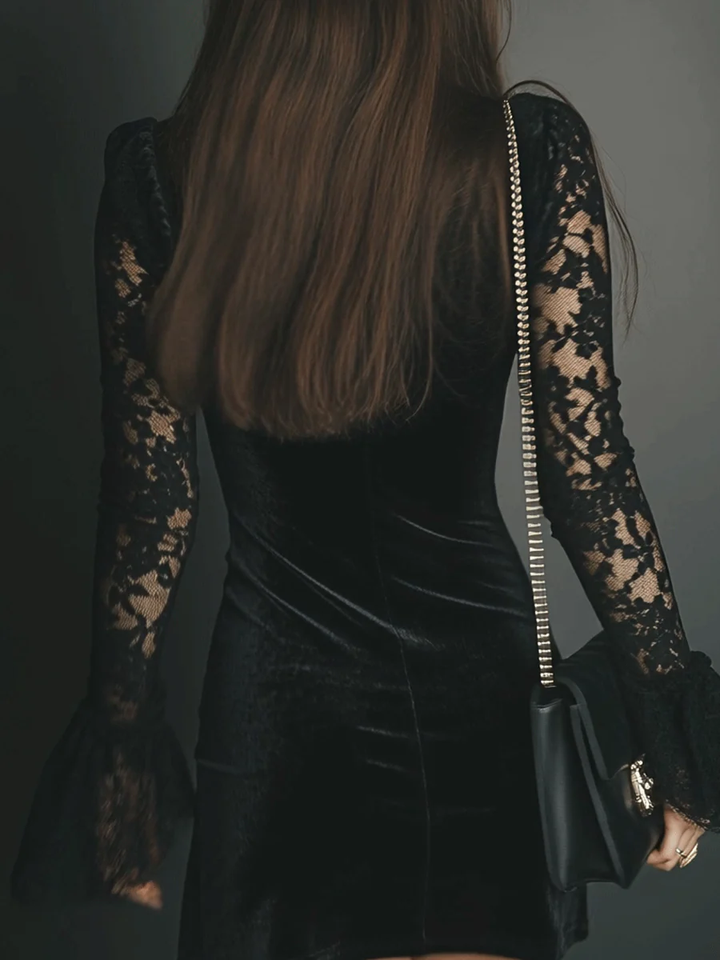 Morgan & Brooke | Lace-Trim Mini Velvet Dress
