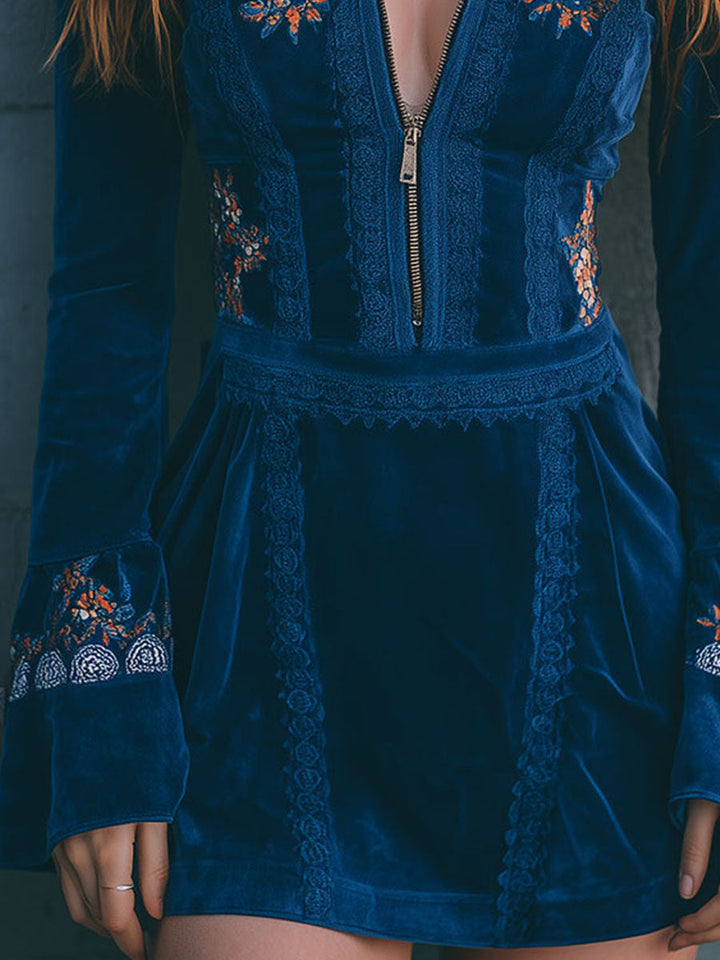 Morgan & Brooke | Blue Velvet Embroidered Casual Dress