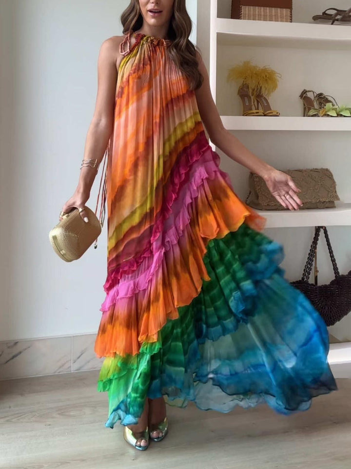 Morgan & Brooke | Unique Colorful Print Ruffle Dress