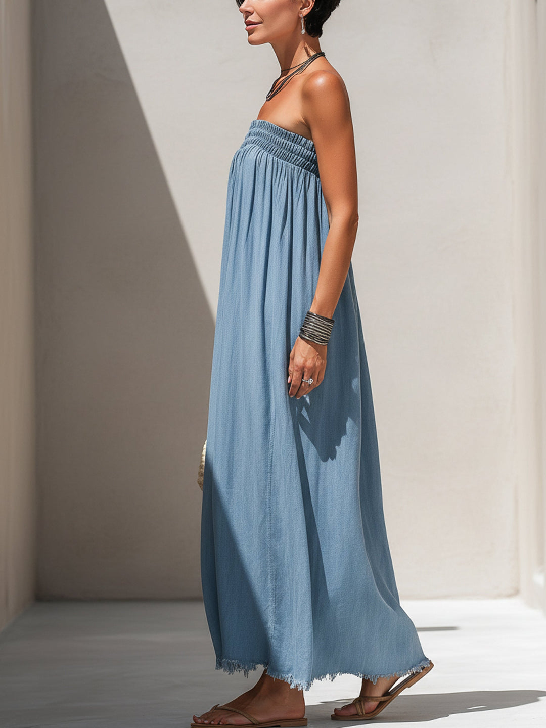 Morgan & Brooke | Light Blue Strapless Frayed-Hem Denim Maxi Dress