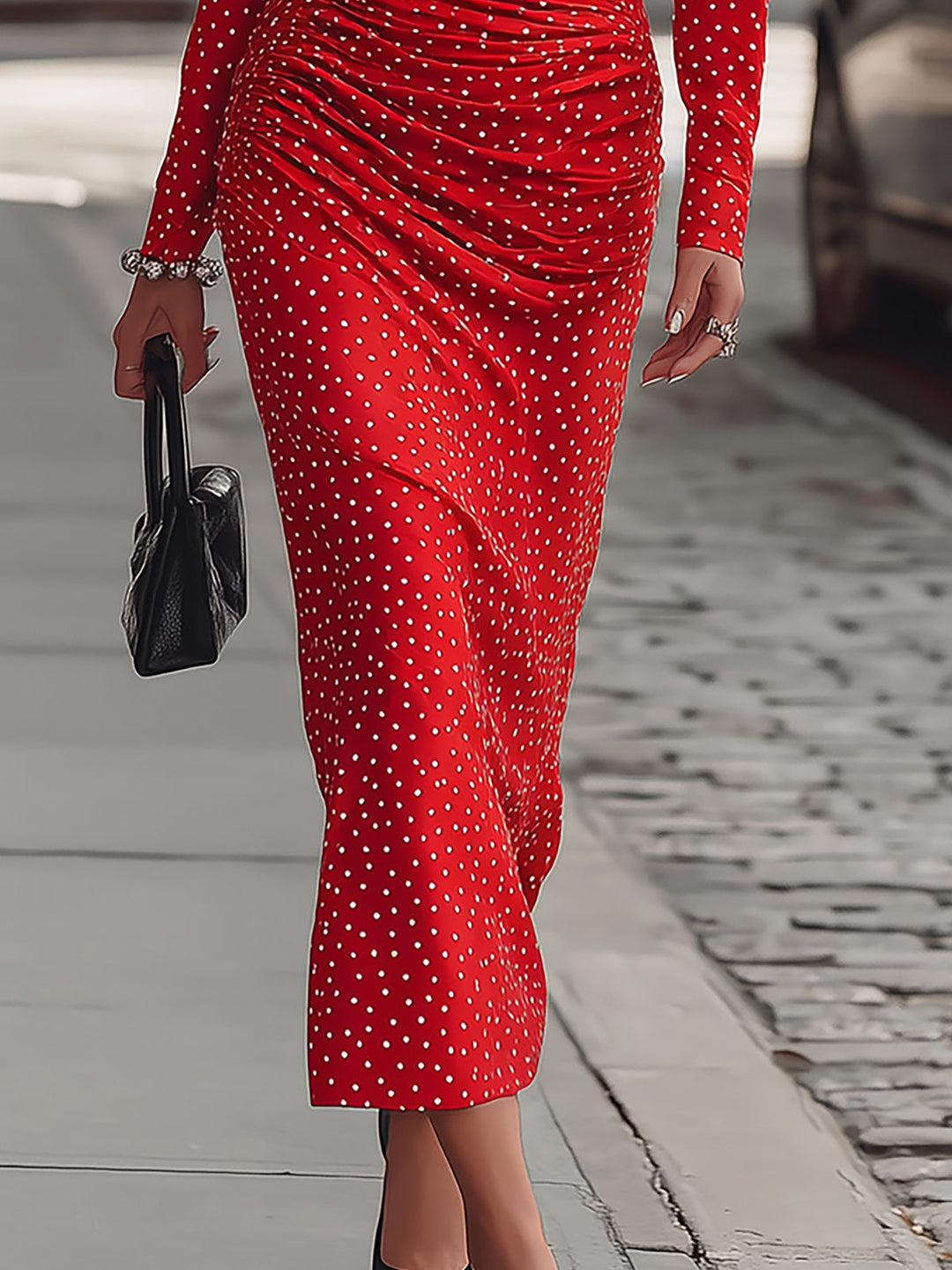 Morgan & Brooke | Red Polka Dot Midi Satin Dress