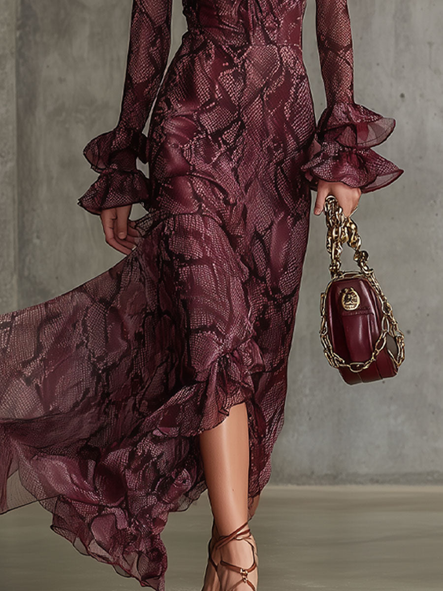 Morgan & Brooke | Burgundy Chiffon Ruffle Evening Dress