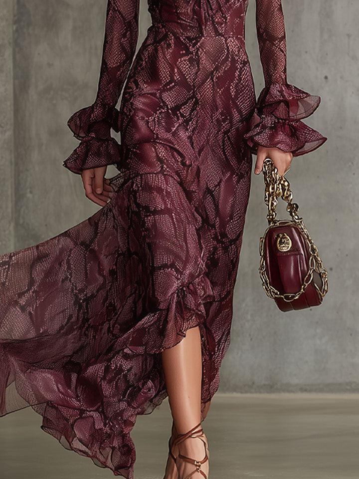 Morgan & Brooke | Burgundy Chiffon Ruffle Evening Dress