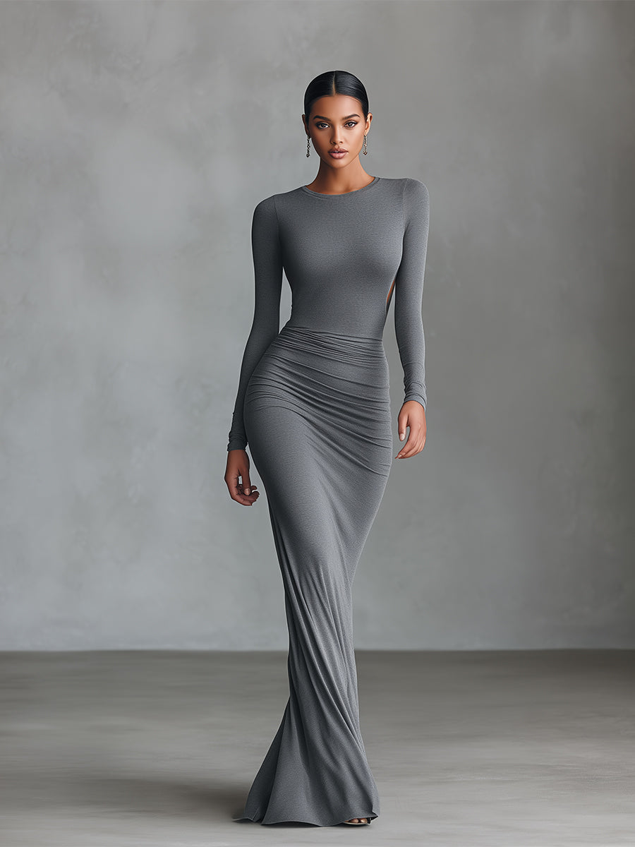 Morgan & Brooke | Grey Knit Ruched Evening Dress