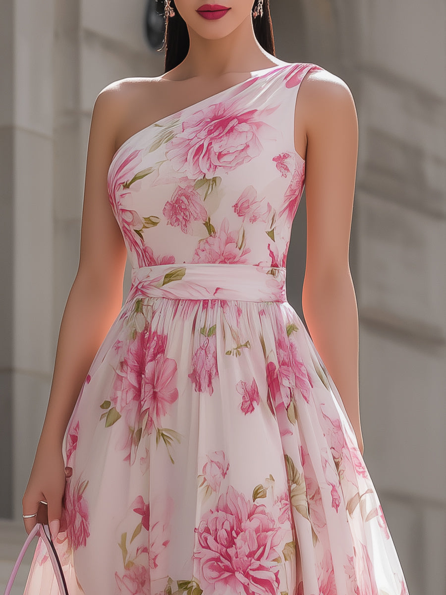 Morgan & Brooke | Pink One-Shoulder Midi Chiffon Dress