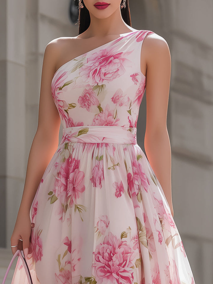 Morgan & Brooke | Pink One-Shoulder Midi Chiffon Dress