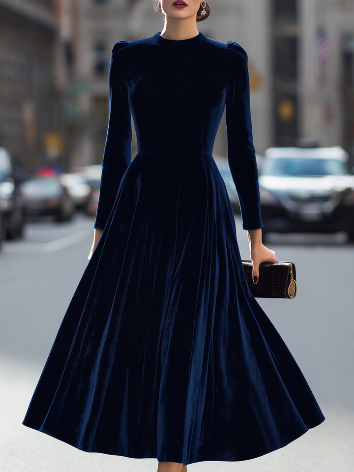 Morgan & Brooke | Navy Blue Long-Sleeve Midi Velvet Dress