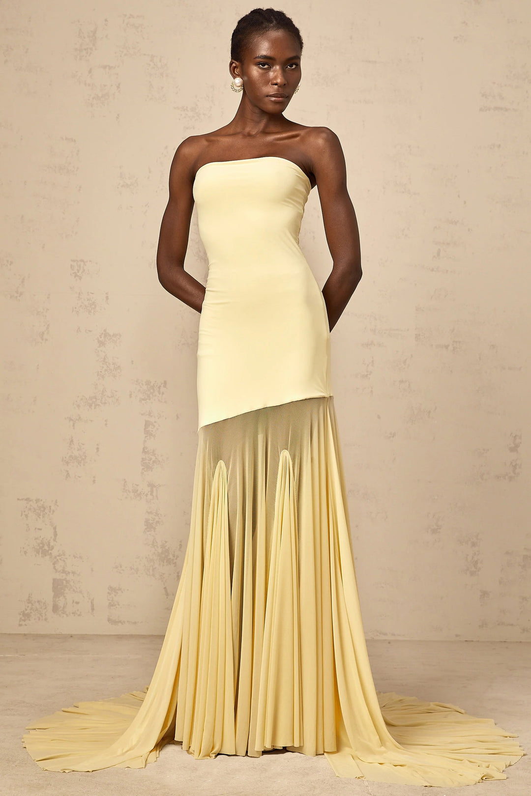 Morgan & Brooke | Yellow Off-Shoulder Sheer Tulle Maxi Dress