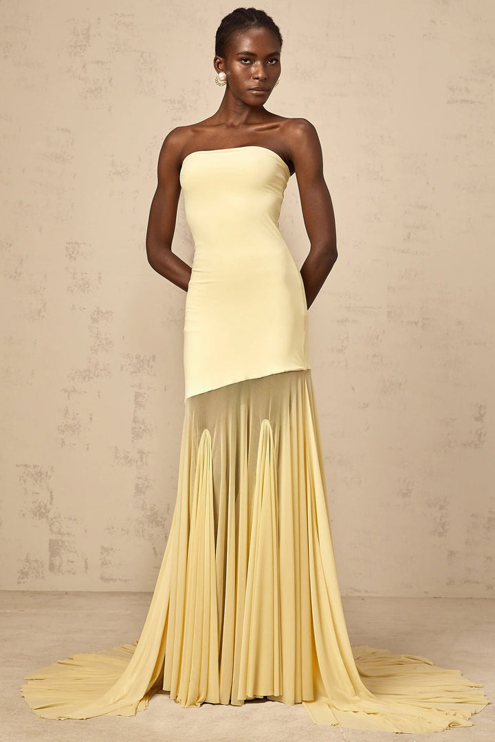 Morgan & Brooke | Yellow Off-Shoulder Sheer Tulle Maxi Dress