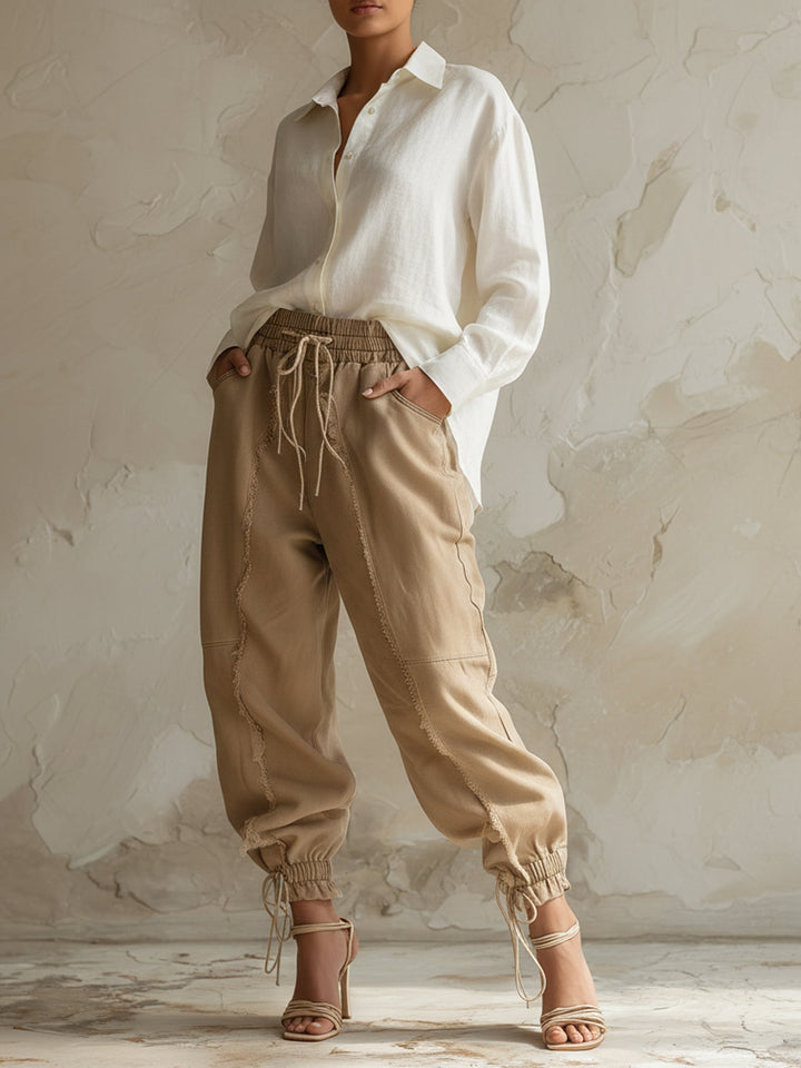 Morgan & Brooke | Light Wash Frayed Hem Denim Jogger Pants