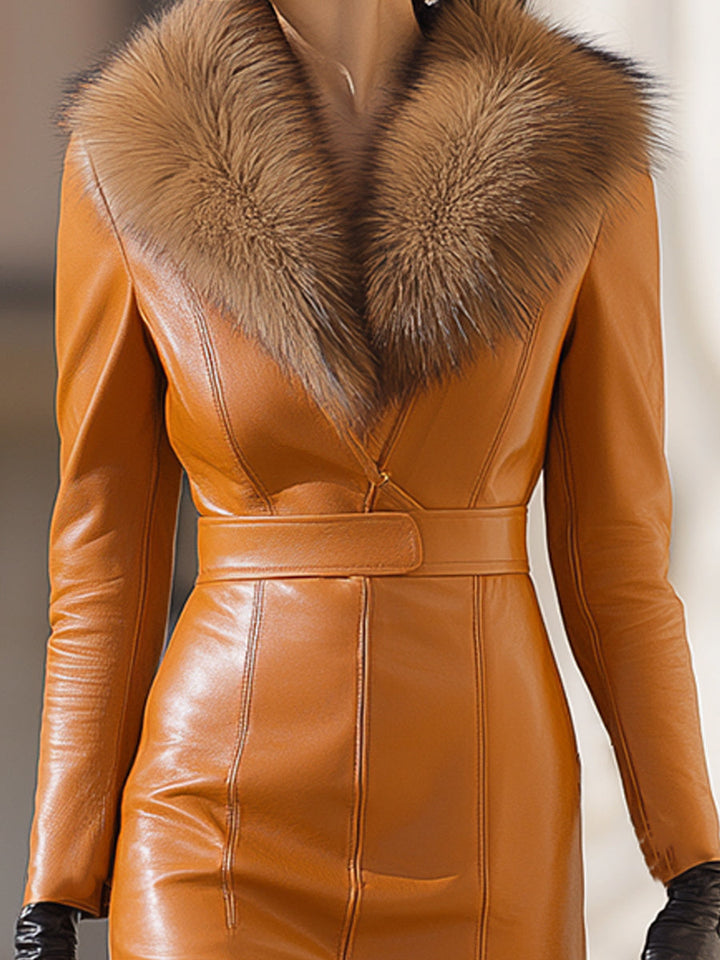 Morgan & Brooke | Caramel Maxi Fur-Collar Faux Leather Dress