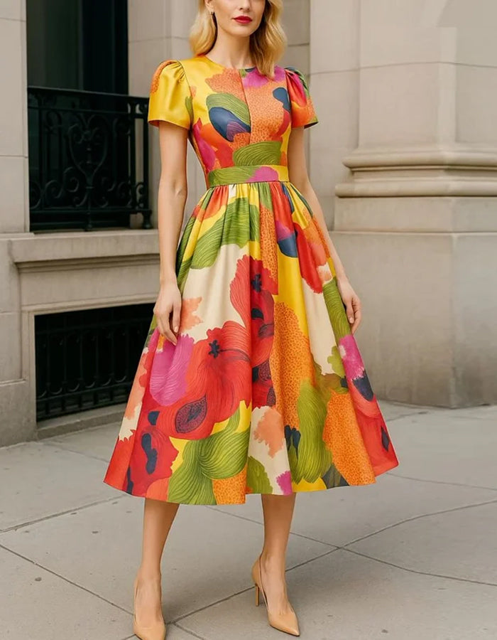 Morgan & Brooke | Red Satin A-Line Pleated Puff Dress