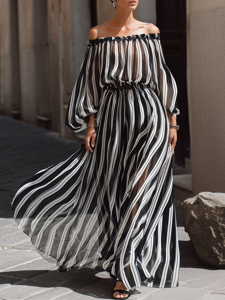Morgan & Brooke | Off-the-Shoulder Vertical Stripe Chiffon Dress
