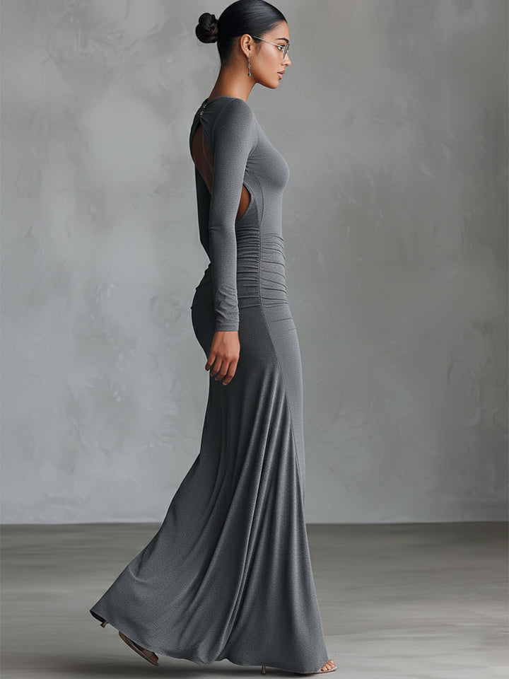 Morgan & Brooke | Grey Knit Ruched Evening Dress