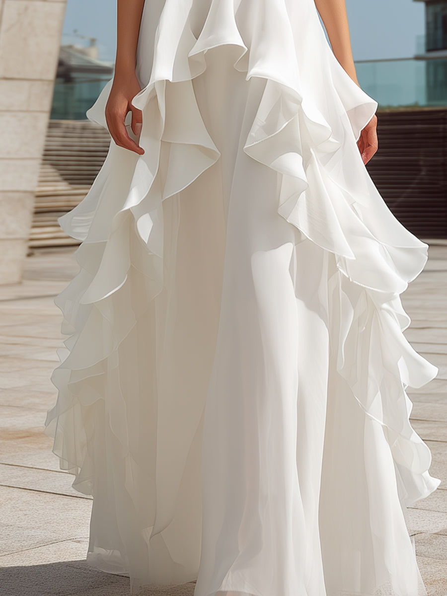 Morgan & Brooke | White Halter-Neck Layered Ruffle Chiffon Maxi Dress