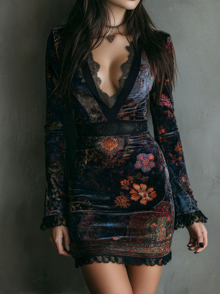 Morgan & Brooke | Boho Floral Print V-Neck Velvet Dress