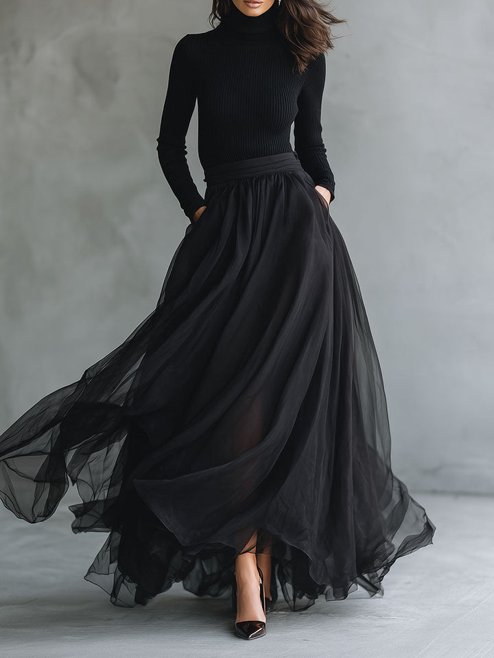 Morgan & Brooke | Black Fitted Turtleneck Patchwork Tulle Dress