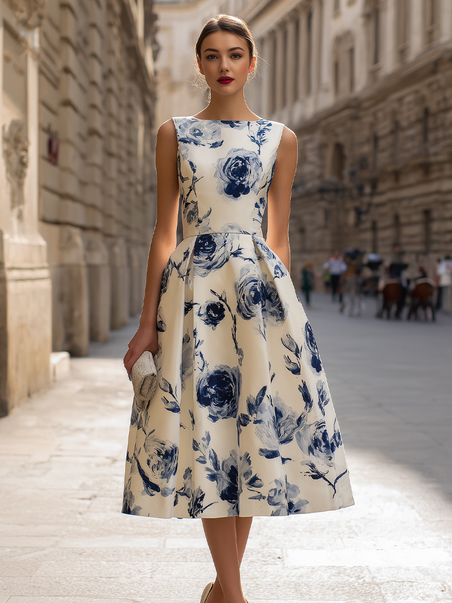 Morgan & Brooke | Floral Sleeveless A-Line Cotton-Blend Midi Dress