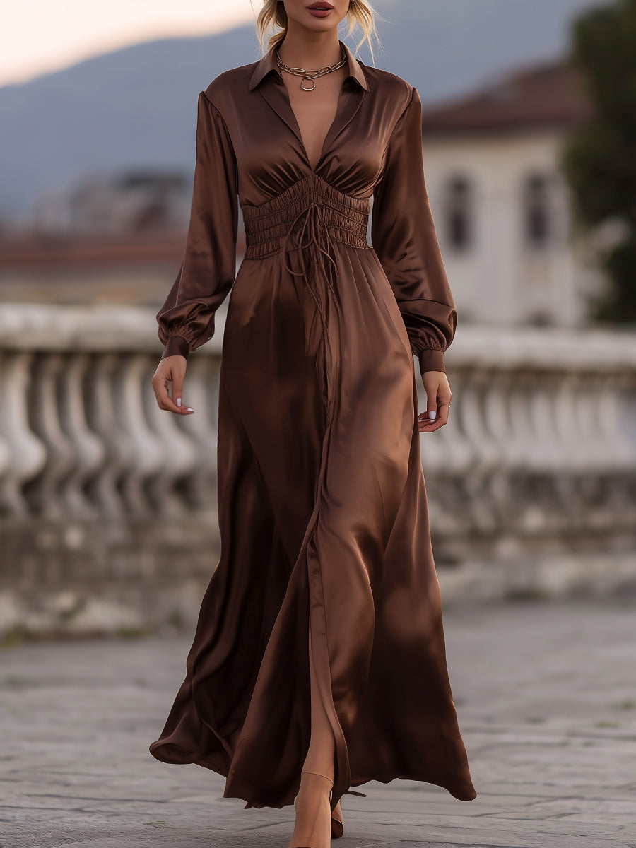 Morgan & Brooke | Mocha Brown Cinched-Waist Satin Maxi Dress