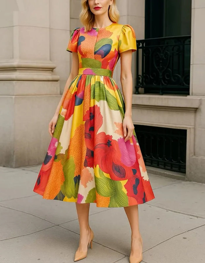 Morgan & Brooke | Red Satin A-Line Pleated Puff Dress