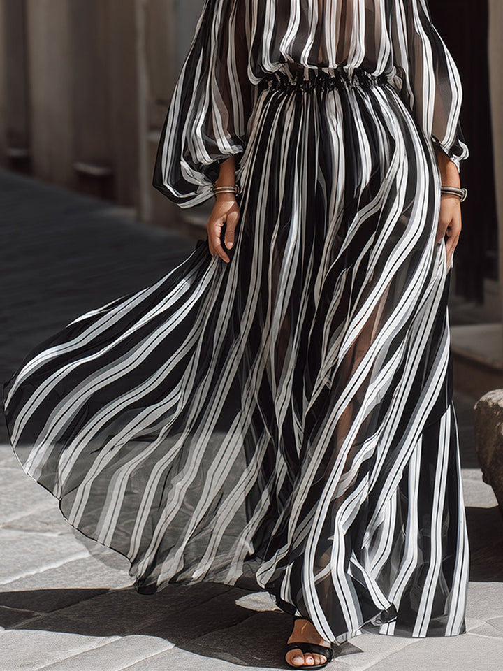 Morgan & Brooke | Off-the-Shoulder Vertical Stripe Chiffon Dress