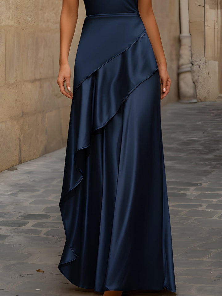 Morgan & Brooke | Sleeveless Asymmetric Draped Satin Maxi Dress