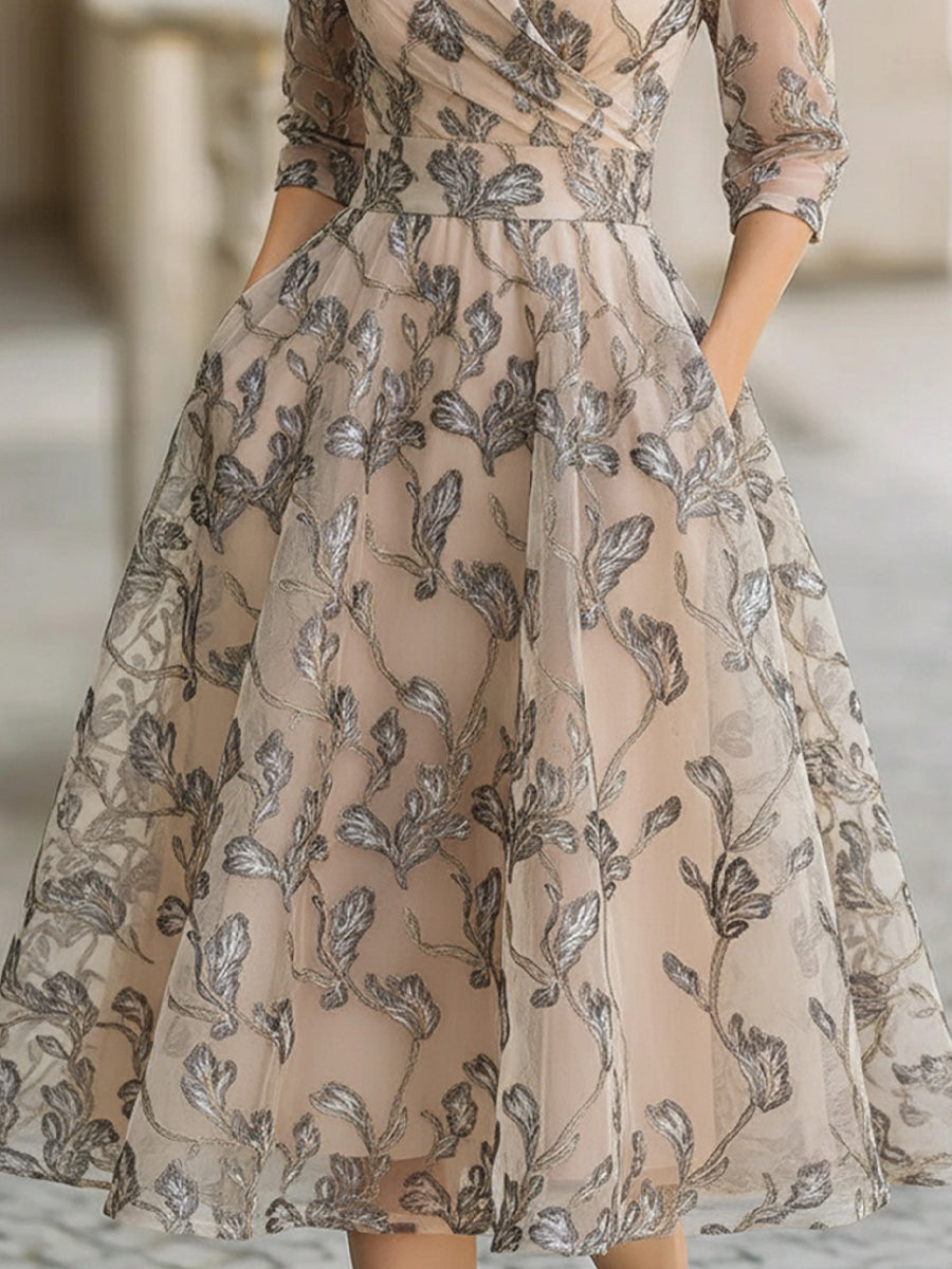 Morgan & Brooke | Ivory Metallic-Leaf Embroidery Midi Mesh Dress