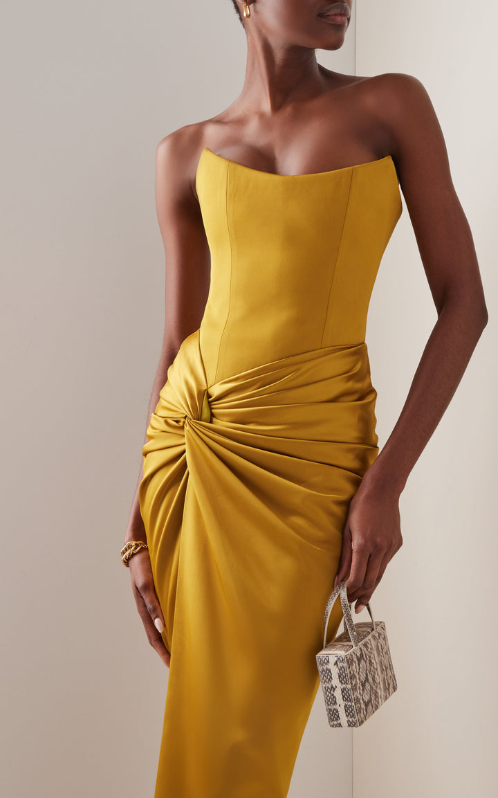 Morgan & Brooke | Draped Strapless Satin Maxi Dress