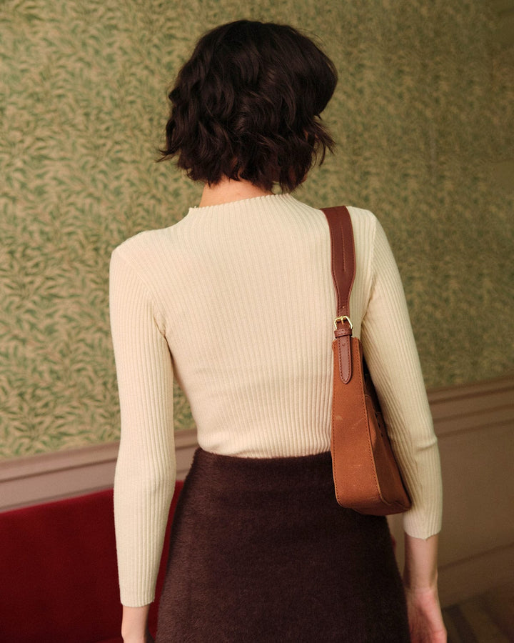 Morgan and Brooke | Beige Mock Neck Ribbed Knit Top