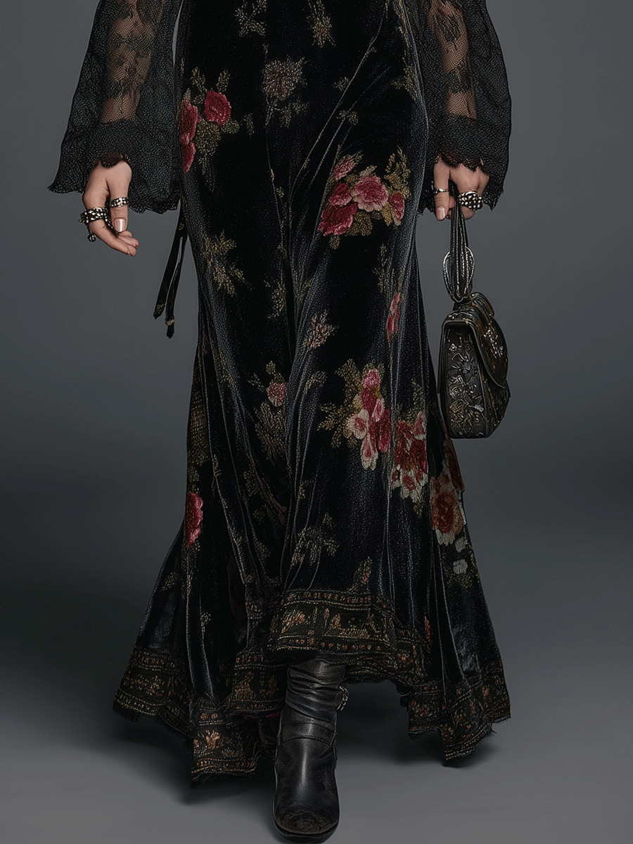 Morgan & Brooke | Black Floral Lace-Sleeved Velvet Maxi Dress
