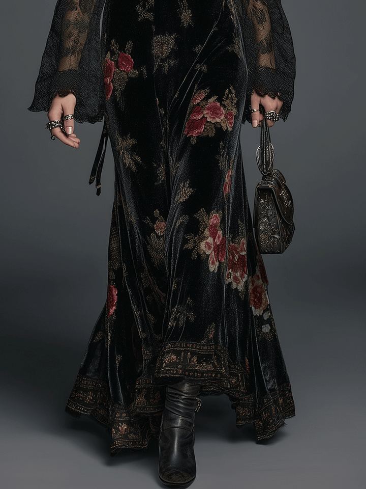 Morgan & Brooke | Black Floral Lace-Sleeved Velvet Maxi Dress