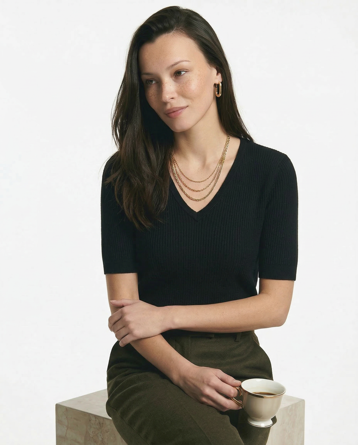 Morgan & Brooke | Ivory V-Neck Relaxed Fit Knit Top