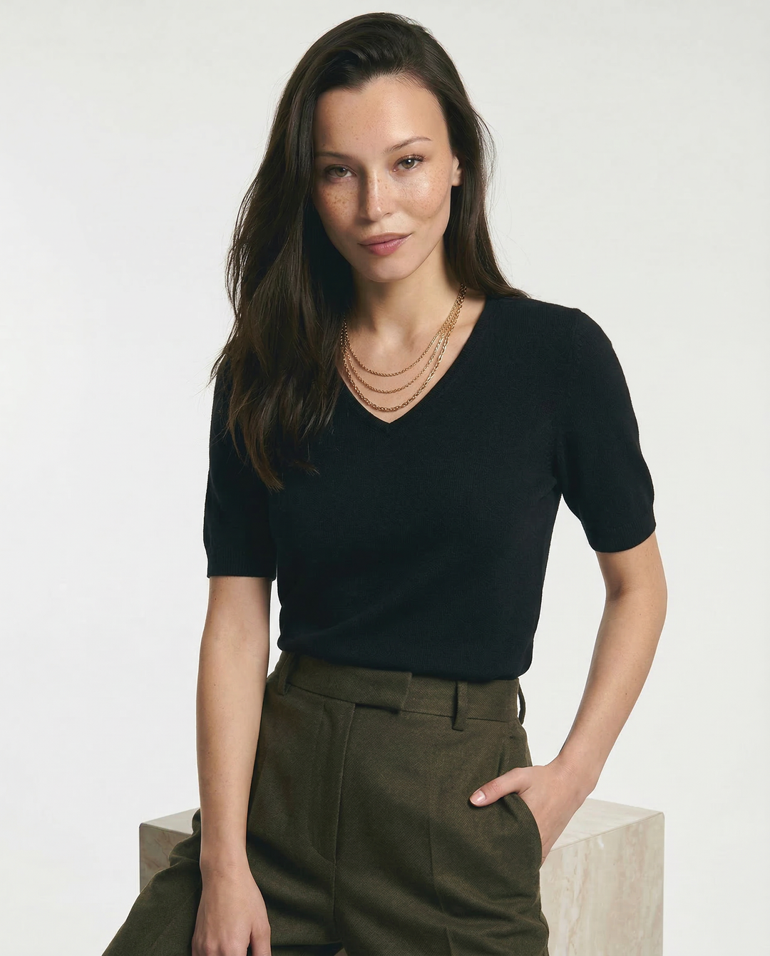 Morgan & Brooke | Ivory V-Neck Relaxed Fit Knit Top
