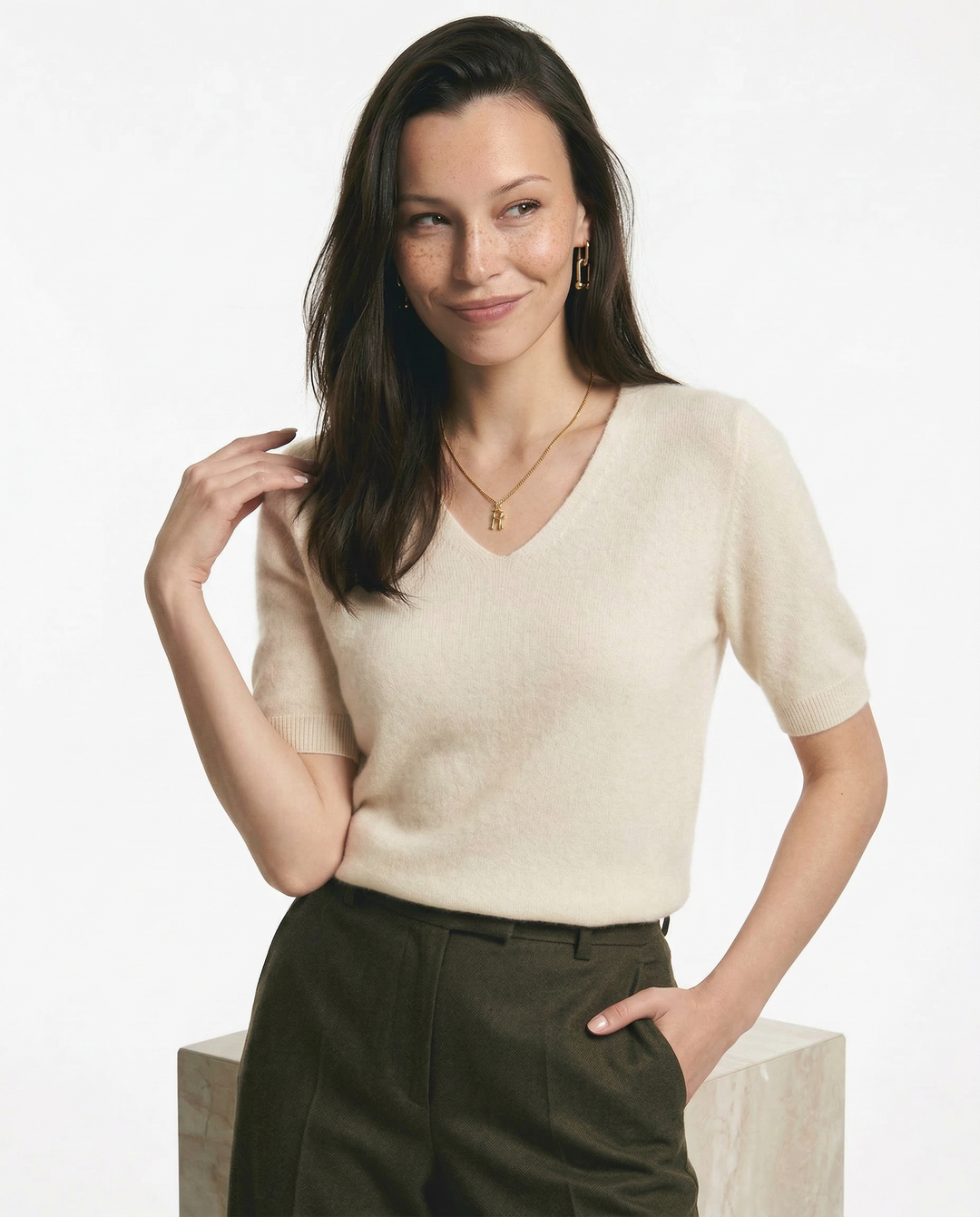 Morgan & Brooke | Ivory V-Neck Relaxed Fit Knit Top