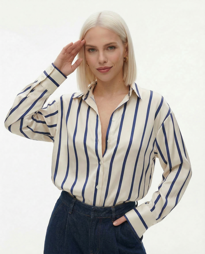 Morgan & Brooke | Striped Satin Button-Up Shirt