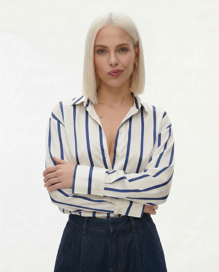 Morgan & Brooke | Striped Satin Button-Up Shirt