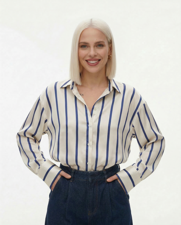 Morgan & Brooke | Striped Satin Button-Up Shirt
