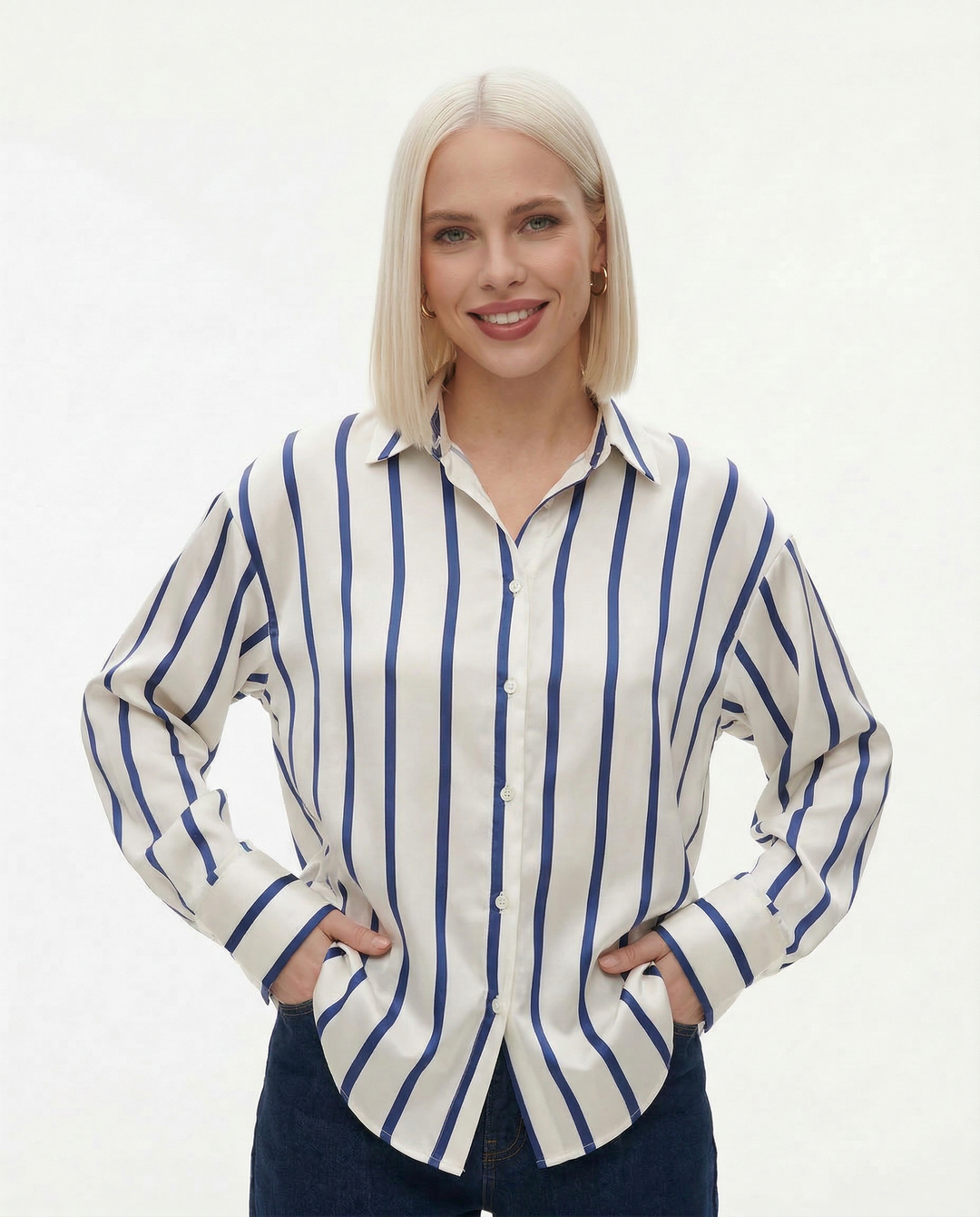 Morgan & Brooke | Striped Satin Button-Up Shirt