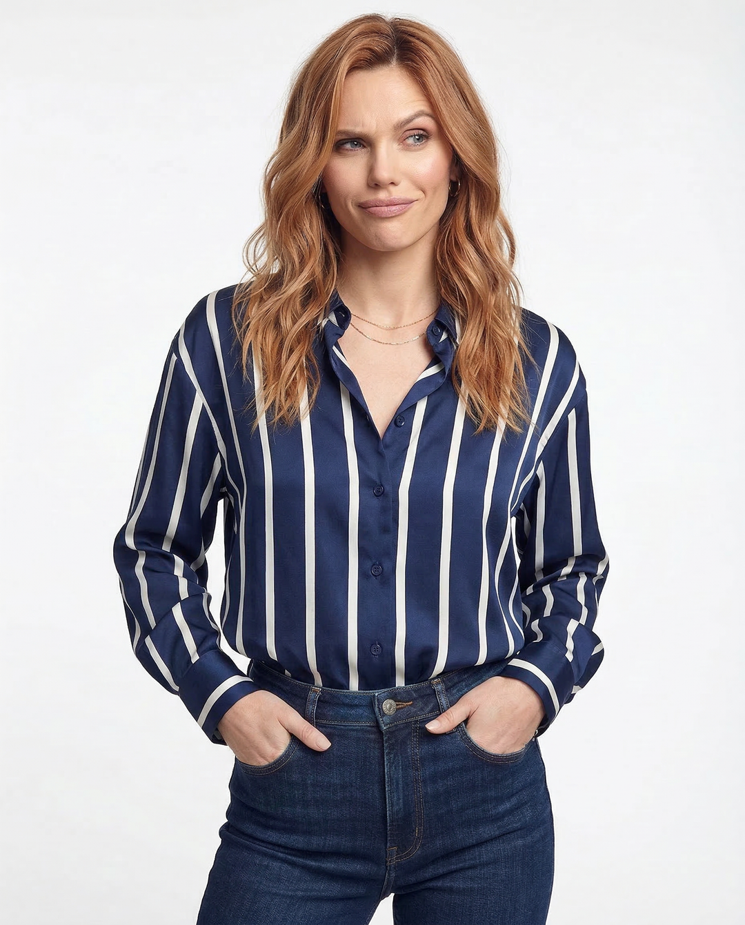 Morgan & Brooke | Blue Striped Long-Sleeve Satin Blouse