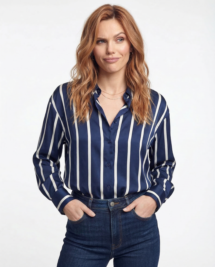 Morgan & Brooke | Blue Striped Long-Sleeve Satin Blouse