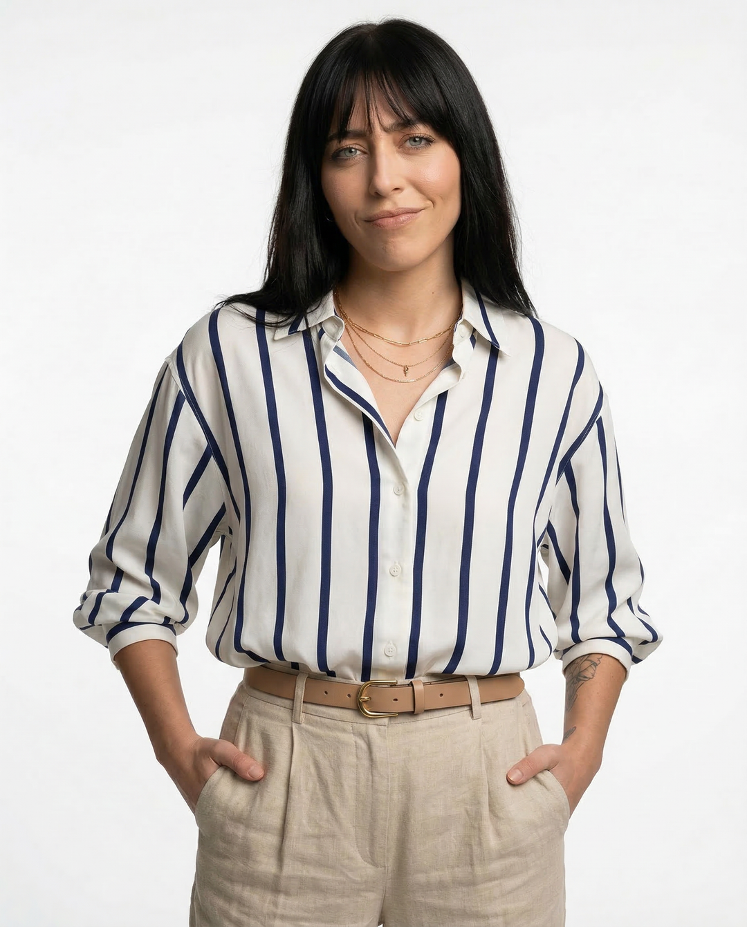 Morgan & Brooke | Blue Striped Long-Sleeve Satin Blouse