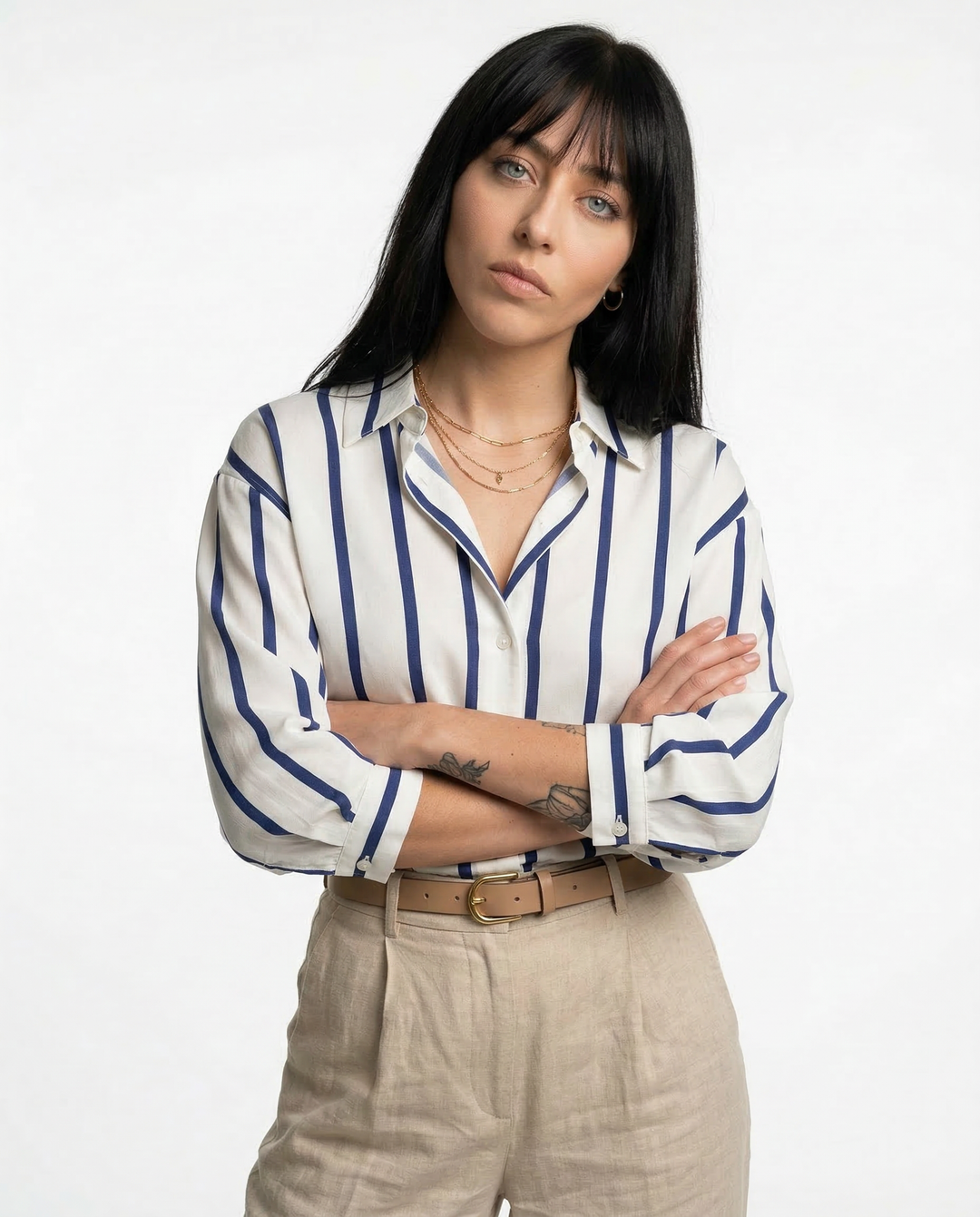 Morgan & Brooke | Blue Striped Long-Sleeve Satin Blouse