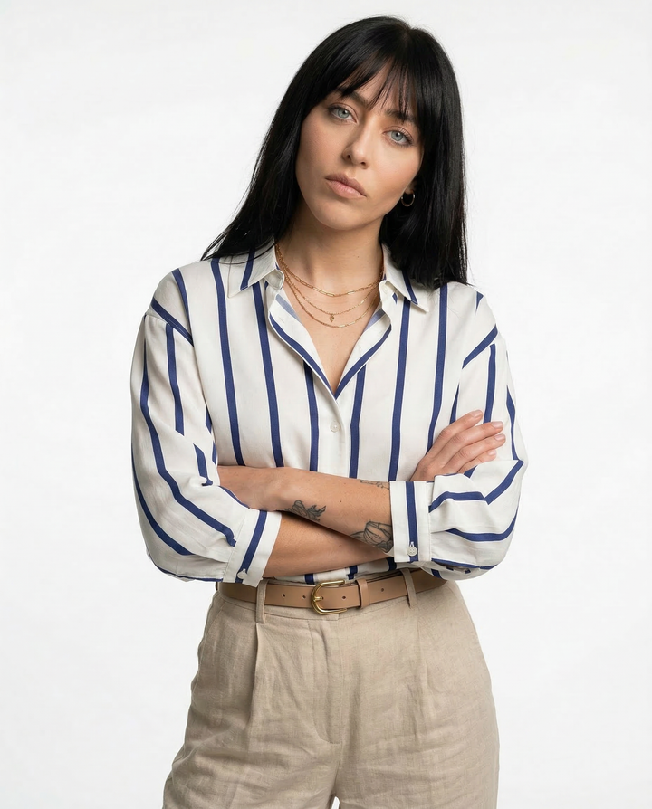 Morgan & Brooke | Blue Striped Long-Sleeve Satin Blouse