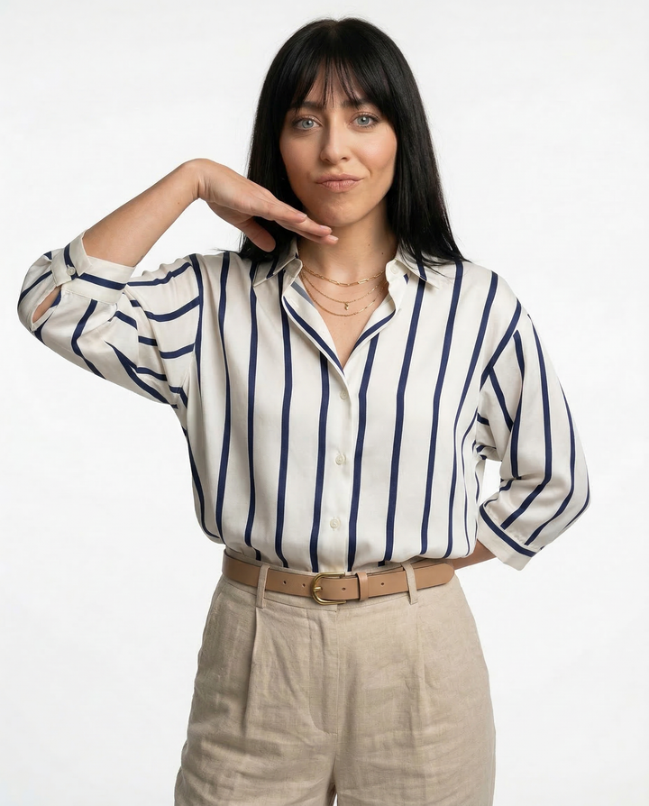 Morgan & Brooke | Blue Striped Long-Sleeve Satin Blouse