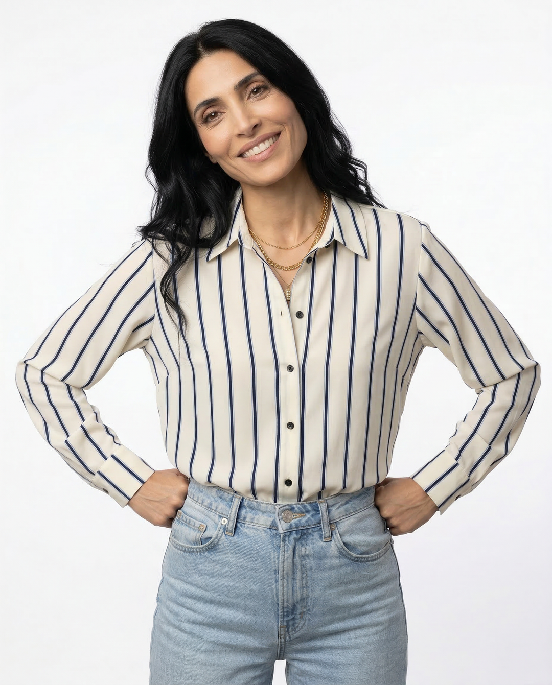 Morgan & Brooke | Blue Striped Button-Up Cotton Blouse