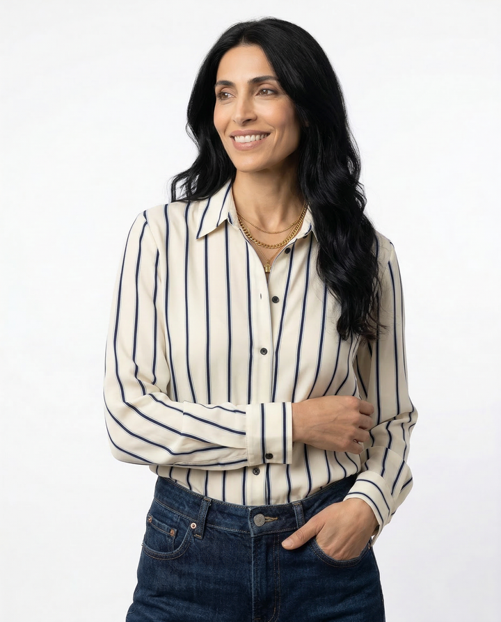 Morgan & Brooke | Blue Striped Button-Up Cotton Blouse