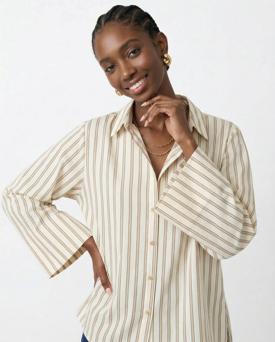 Morgan & Brooke | Blue Striped Button-Up Cotton Blouse